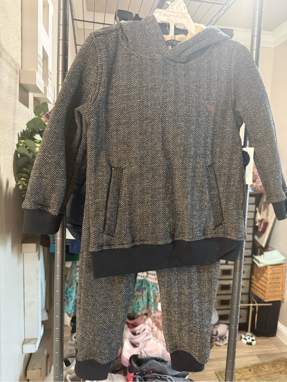 Kids Tahari Gray Herringbone Hoodie & Jogger Matching Set
